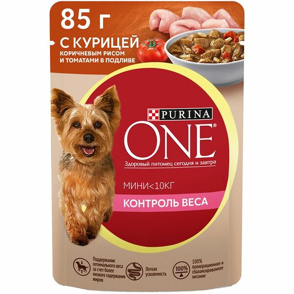 Влажный корм Purina ONE для собак с курицей, коричневым рисом и томатами, 85г