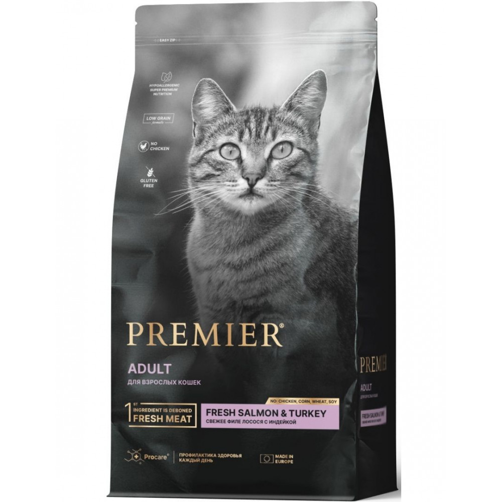 

Сухой корм для кошек Premier Premier Cat Salmon & Turkey Adult Свежее филе лосося с индейкой 2 кг