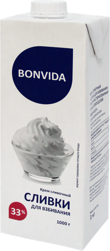 

Сливки ультрапастеризованные Bonvida для взбивания 33% БЗМЖ 1 кг
