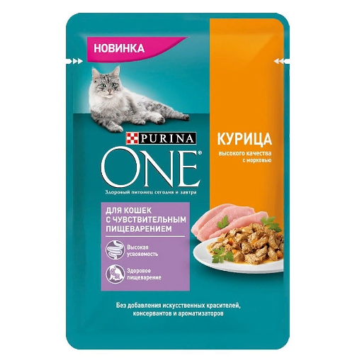 Корм влажный Purina one для кошек с чувствительным пищеварением курица морковь