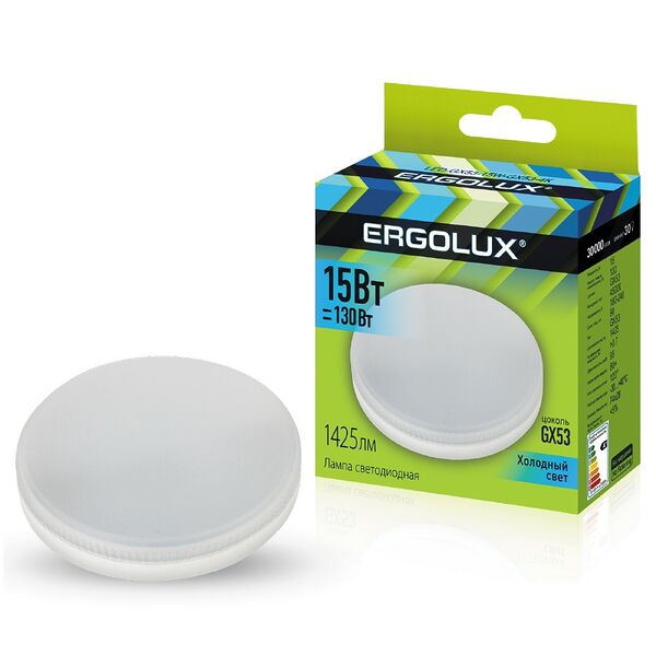 Лампа светодиодная ERGOLUX, GX53, 15 Вт, 4500К, 180-240 В
