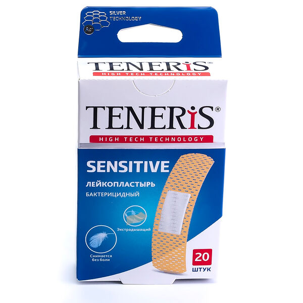 Лейкопластырь бактерицидный TENERIS Sensitive 20 шт, Великобритания