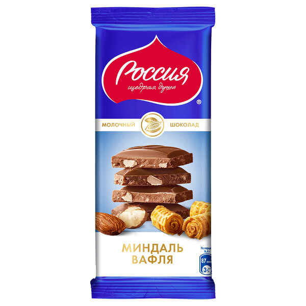 Шоколад молочный Россия Щедрая Душа с миндалем и вафлей 82г