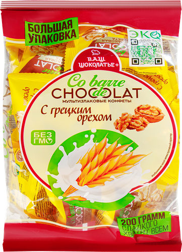 Конфеты мультизлаковые CO BARRE DE CHOCOLAT с белой глазурью и грецким орехом, 200г