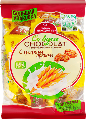 

Конфеты мультизлаковые CO BARRE DE CHOCOLAT с белой глазурью и грецким орехом, 200г