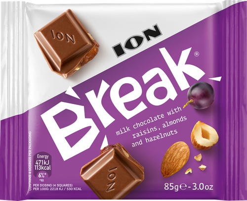 

Молочный шоколад ION Break с изюмом, миндалем и фундуком 85 г
