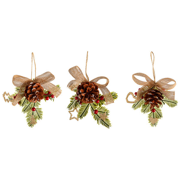 Сноу бум подвеска в виде еловой веточки с шишкой и бантом, полиэстер, пл, полифом, 12x10x4см, 3 диз