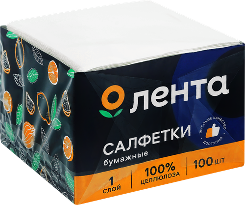 

Салфетки бумажные ЛЕНТА белые 1-слой, 24х24см, 100шт