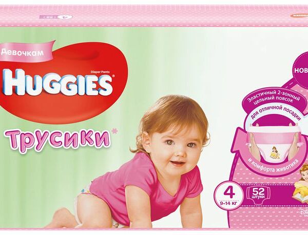 Подгузники-трусики Huggies для девочек р.4 9-14кг, 52шт