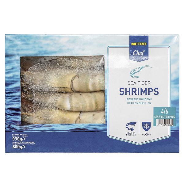 Тигровые креветки морские с головой в панцире TM Metro Chef (Метро Шеф) 930 г