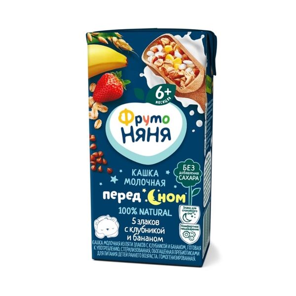 Кашка ФрутоНяня молочная 5 злаков с клубникой и бананом с 6 месяцев 200 мл