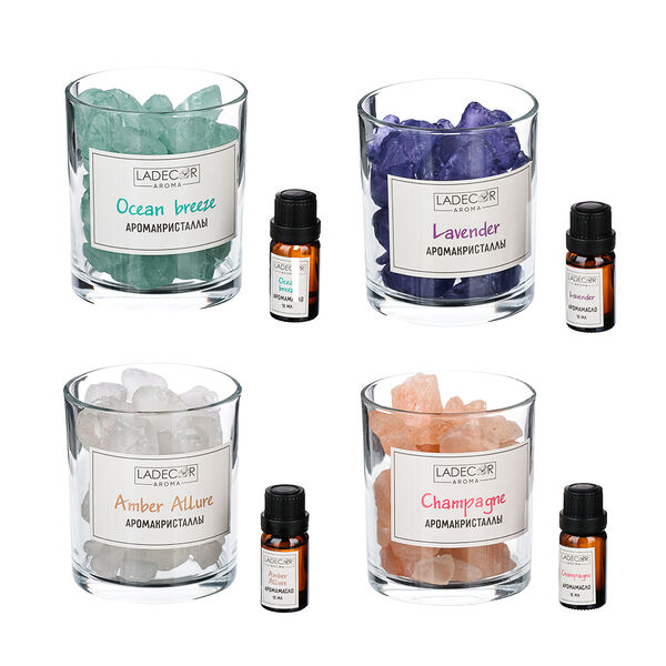 LADECOR Набор аромакристаллы в стакане 9х10см и аромамасло 10мл, лаванда, шампанское,океан, янтарь, в ассортименте