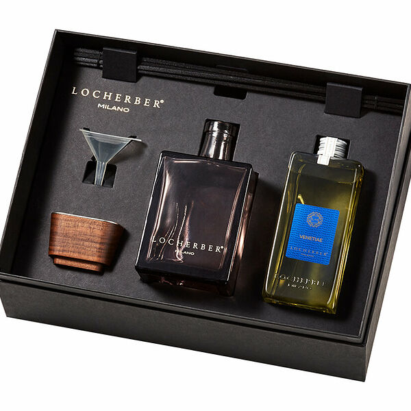 Набор подарочный Locherber Venetiae: Ароматический диффузор ручной работы, Сменный аромат 500 мл, Комплект палочек из фибры, Крышка из древесины ореха, Воронка