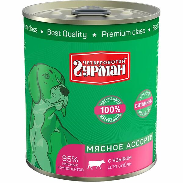 Корм консервированный для собак Четвероногий гурман Мясное ассорти с языком 340г