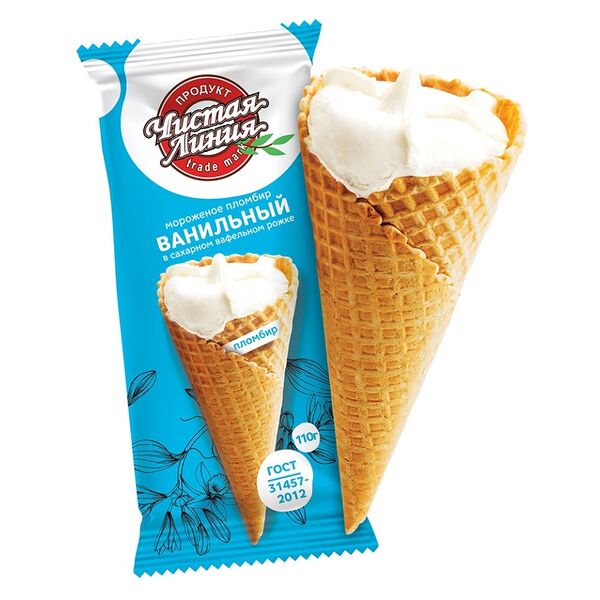 Мороженое пломбир Чистая Линия Ванильный в вафельном рожке 12%