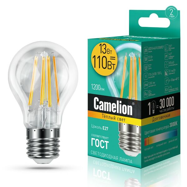 Лампа светодиодная FIL Camelion E27 13W груша теплый свет
