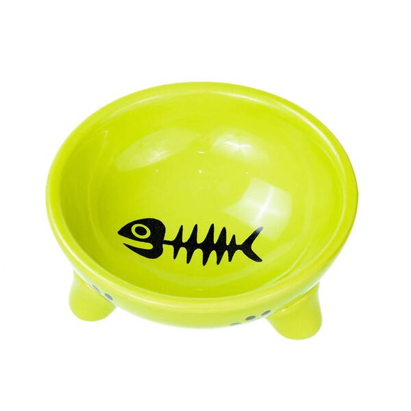 Petmax Миска для кошек на ножках с рис. Рыбья Кость 12,5см зеленая керамика
