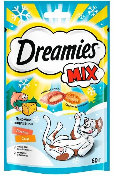 Лакомство для взрослых кошек Подушечки Dreamies Mix Лосось и сыр