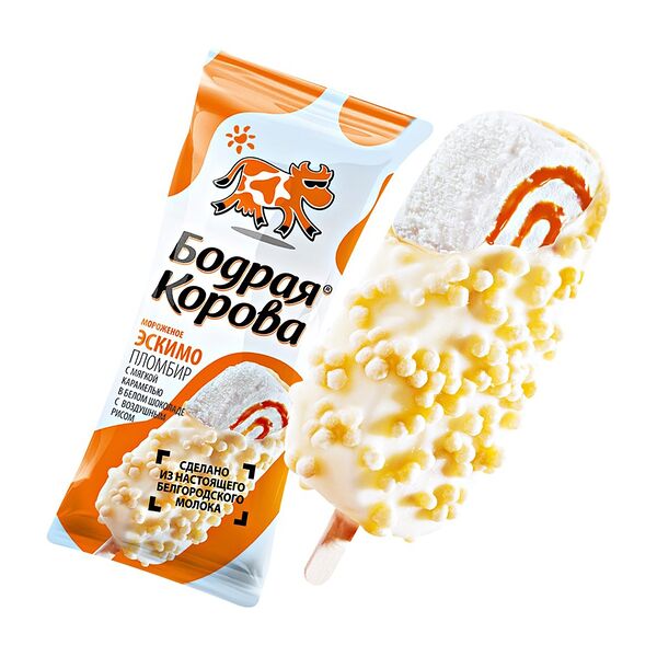Мороженое Бодрая корова эскимо в белом шоколаде с воздушным рисом