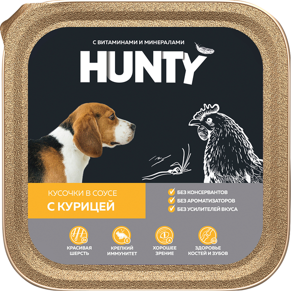 Корм консервированный для взрослых собак HUNTY кусочки в соусе с курицей