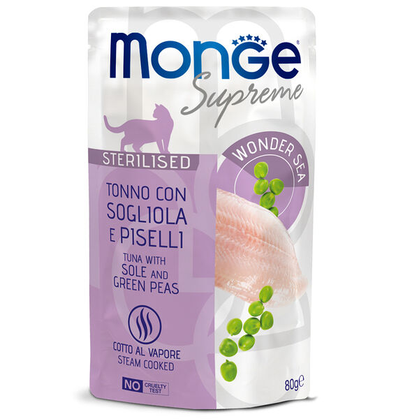 Влажный корм Monge Supreme Sterilized Cat для стерилизованных кошек тунец с желтоперой камбалой и зелёным горошком