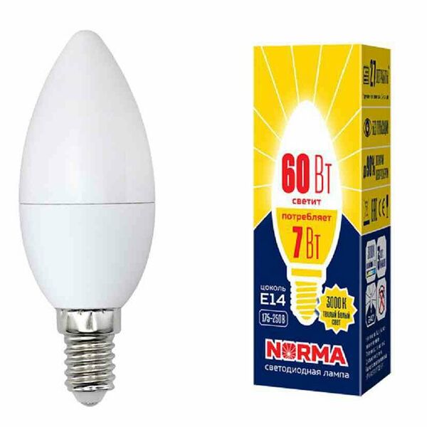 Лампа светодиодная Volpe Е14 3000К теплый свет свеча, 7 Вт