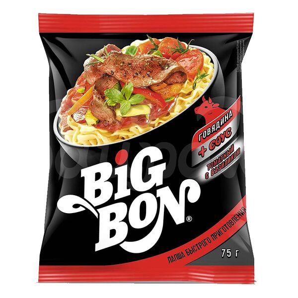 Лапша б/п Big Bon 75гр Говядина Соус томатный с базиликом пакет
