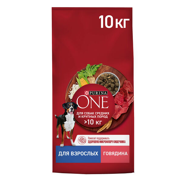 Сухой корм Purina ONE® для взрослых собак средних и крупных пород, с высоким содержанием говядины и рисом, 10 кг