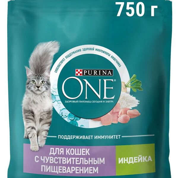 Сухой корм Purina ONE® полнорационный для взрослых кошек с чувствительным пищеварением и разборчивым вкусом в еде, с высоким содержанием индейки, 750 г
