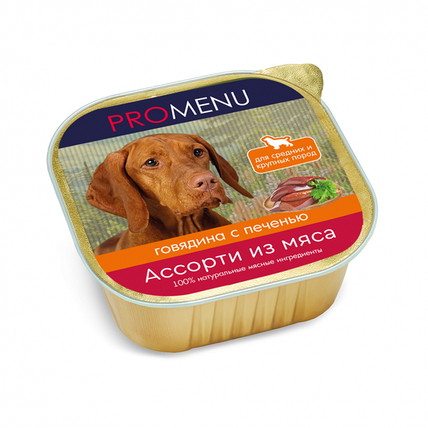Влажный корм Pro Menu для собак средних и крупных пород, ассорти из мяса c говядиной и печенью, 300 г