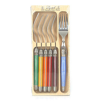 Набор из 6 вилок в деревянном пенале, пластиковые ручки, ассорти, Andre Verdier, Франция