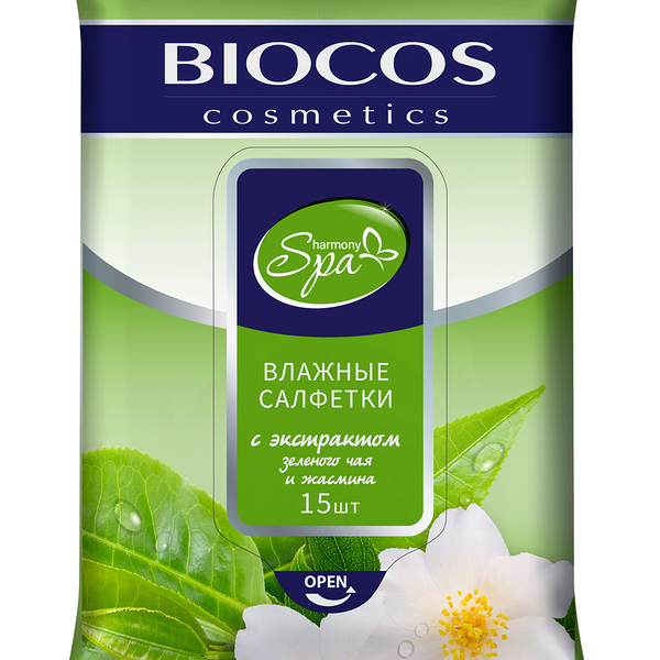 Влажные салфетки очищающие Biocos cosmetics Spa freshness с экстрактом зеленого чая 15 шт