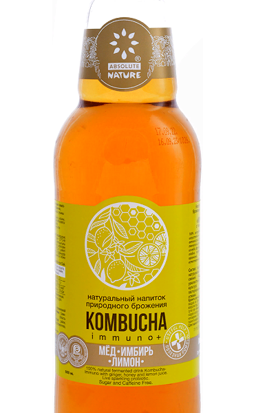 Напиток газированный Absolute Nature Immuno+ Комбуча Мед, имбирь, лимон