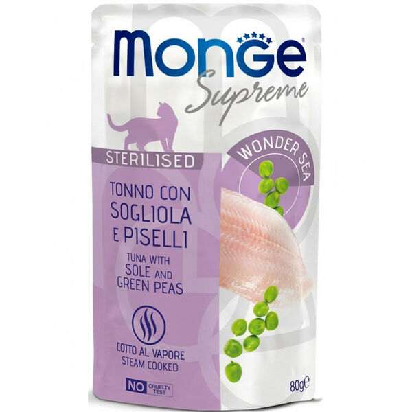 Monge Влажный корм Monge Supreme Sterilized Cat для стерилизованных кошек тунец с желтоперой камбалой и зелёным горошком