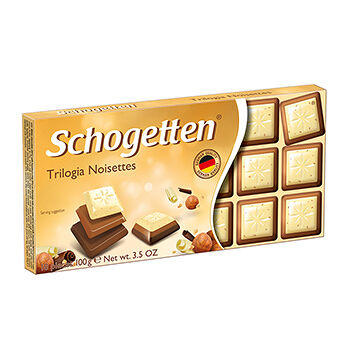 Шоколад Trilogia Schogetten молочный, белый с грильяжем и фундуком, с джандуей и фундуком, 100 г