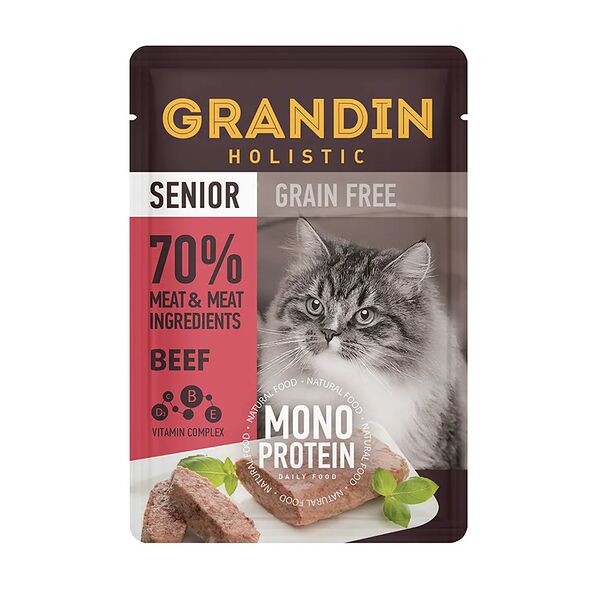 Senior Grain free Monoprotein Влажный корм Grandin (пауч) для пожилых кошек, патэ из нежного мяса говядины в желе, 85 гр.