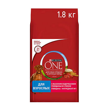 Сухой корм Purina ONE® для взрослых собак средних и крупных пород, с высоким содержанием говядины и с рисом, 1,8 кг