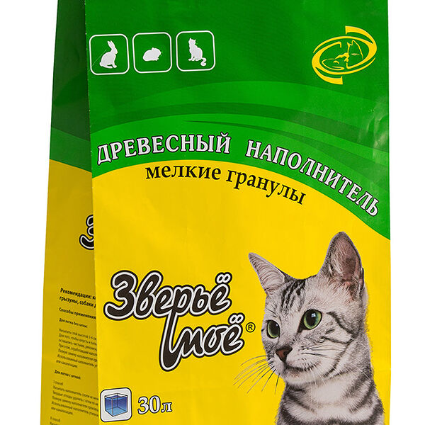 Наполнитель для кошачьего туалета Зверье Мое древесный мелкие гранулы 30 л, 9 кг