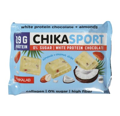 Шоколад протеиновый Chikalab ChikaSport белый с миндалём и кокосовыми чипсами без сахара 100 г