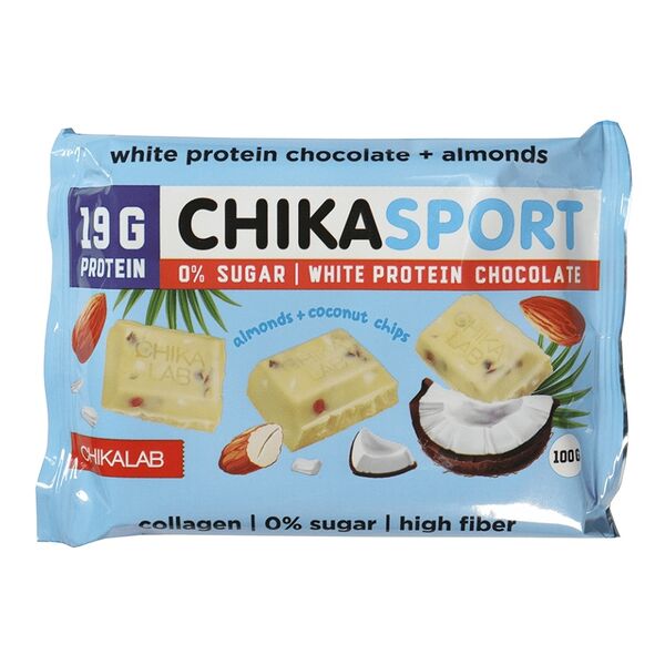 Шоколад протеиновый CHIKALAB SPORT 19g protein Белый с миндалём и кокосовыми чипсами (без сахара)