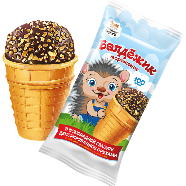 Мороженое БОДРАЯ КОРОВА Балдежик в шоколадной глазури декорированное арахисом, с змж, вафельный стаканчик