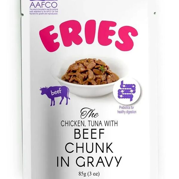 Влажный корм Pettric ERIES для любых кошек Говядина с курицей и тунцом, кусочки в соусе 85г