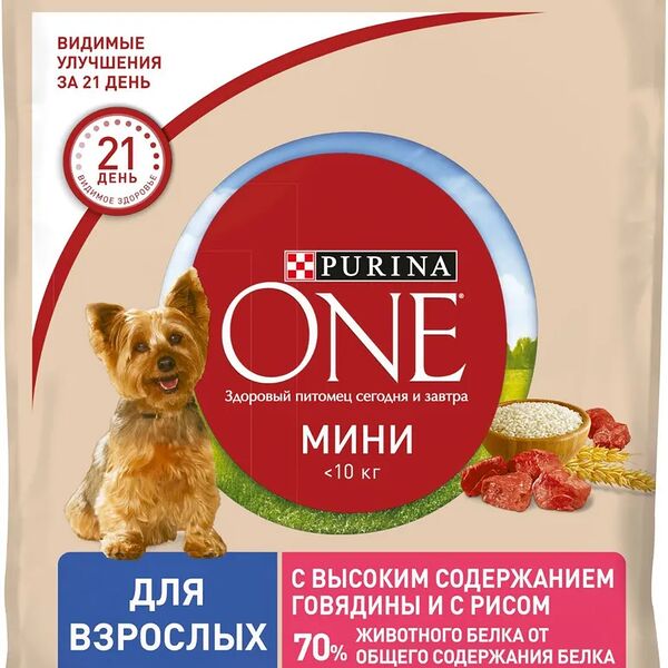 Корм для собак PURINA ONE Adult для активных мелких пород, с говядиной и рисом сух. 600г