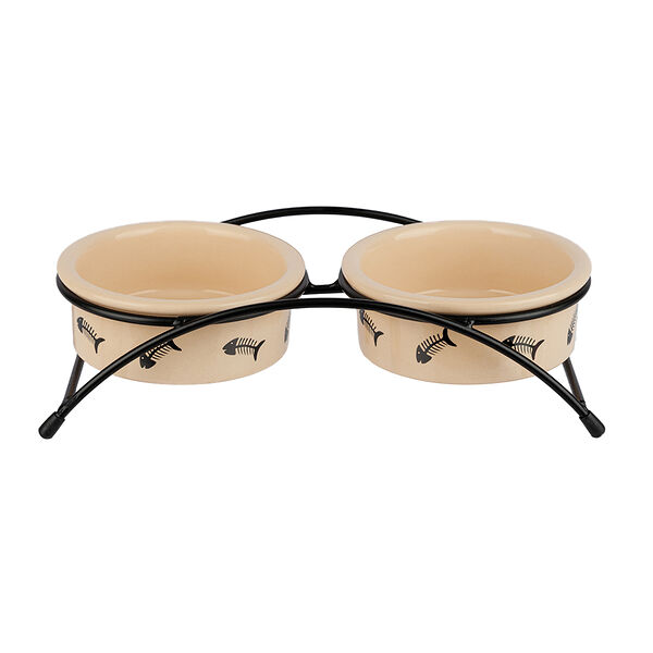 Миска керамическая двойная для кошек на подставке 2х250 мл, бежевая с рыбкой