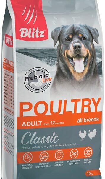 Сухой корм для собак Blitz Poultry с домашней птицей 15кг