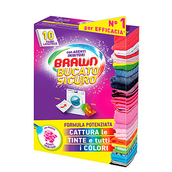 Салфетки для стирки Brawn для белых и цветных вещей поддерживают и сохраняют цвета и оттенки 10 шт, Италия