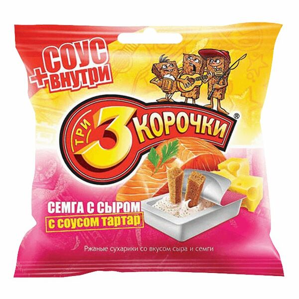 Сухарики Три корочки со вкусом сёмга с сыром, 60г + соус тартар, 25мл
