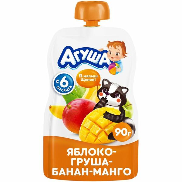 Пюре фруктовое Агуша яблоко-груша-банан-манго, с 6 месяцев