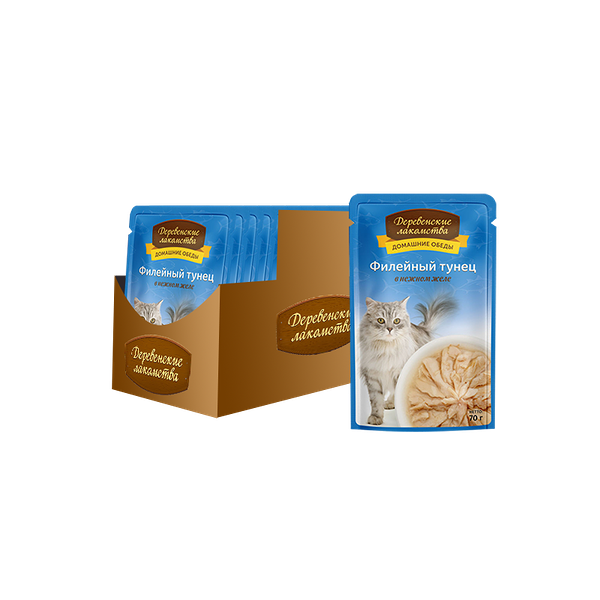 Корм для кошек ДЕРЕВЕНСКИЕ ЛАКОМСТВА Филейный тунец в нежном желе пауч 70г (упаковка - 12 шт)