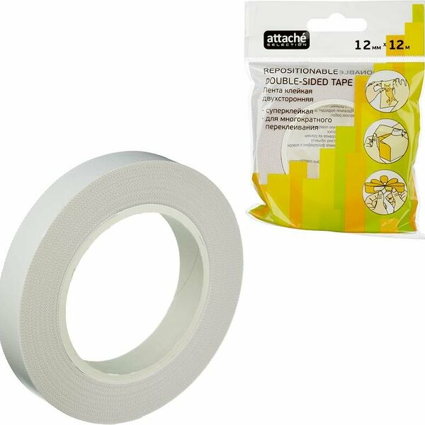 Клейкая лента канцелярская Attache Selection 2-х сторон,переклеив, 12ммХ12м